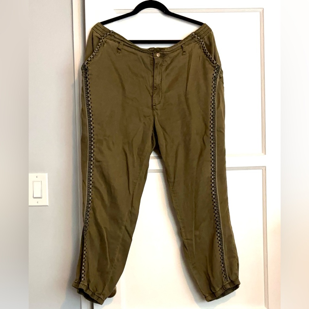 Anthropologie Army Green Pants with Embroidered Side Detailing